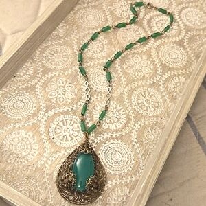 Vintage Czech Jade Glass Art Nouveau Gilt Gold Necklace